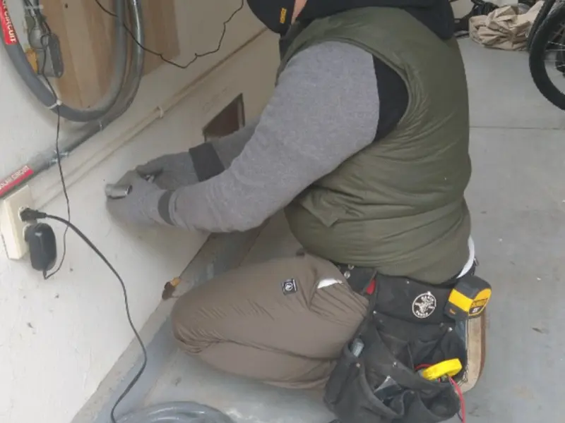 Electrician performing outlet wiring in a Riverside garage